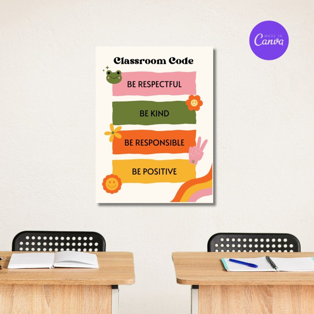 class code poster with retro frog, rainbow, and flowers on it